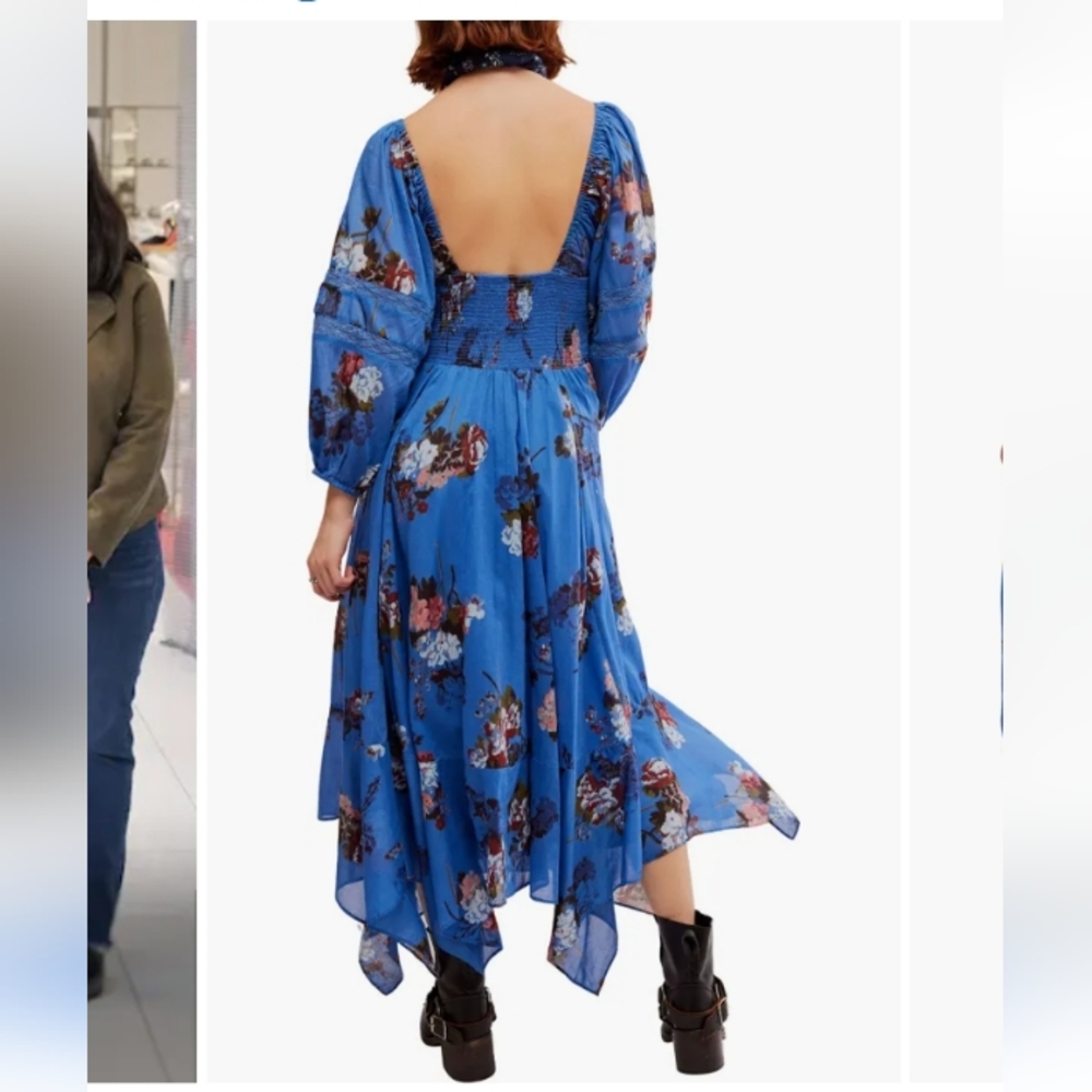 Free People Morning Glory Blue Floral Smocked Maxi Dress